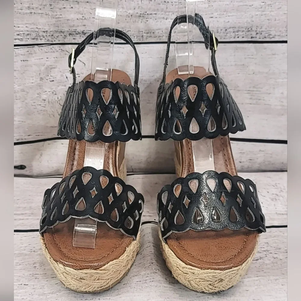 Montego Bay Club Black Cork Strappy Wedge Penny Penny Womens Size 8.5
